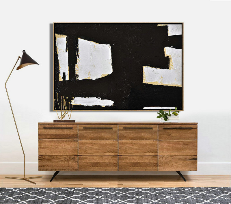 Extra Large Wall Art,Horizontal Palette Knife Minimal Canvas Art Painting Black White Beige - Abstract Art Decor,Contemporary Painting